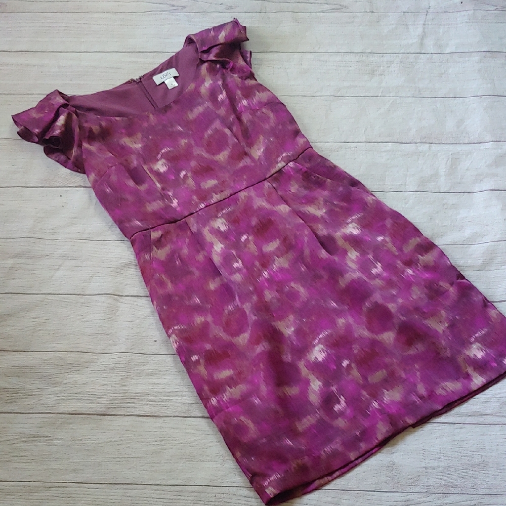 LOFT Pink and Purple Ruffled Dress with Puff Cap Sleeves